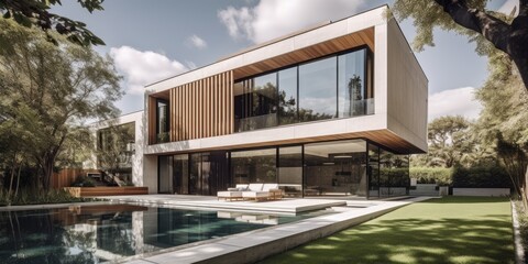 Contemporary Haven - A Modern House with a Stunning Pool. Gen AI