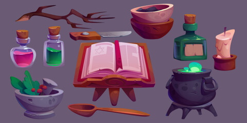Witch house with magic book. Old alchemist halloween laboratory room interior object set. Isolated cartoon fantasy game clipart. Cauldron with potion, branch and glass bottle for elixir decoration.