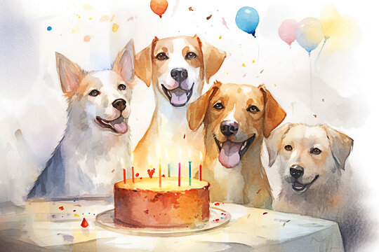 Watercolor illustration of a group of dogs and a birthday cake with candles Generative AI