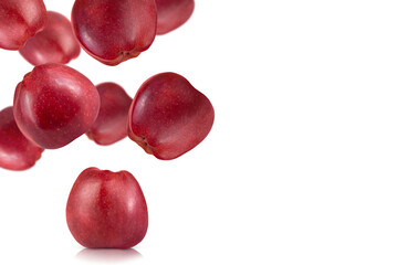 Levitation of red chief apples isolated on transparent background, copy space.