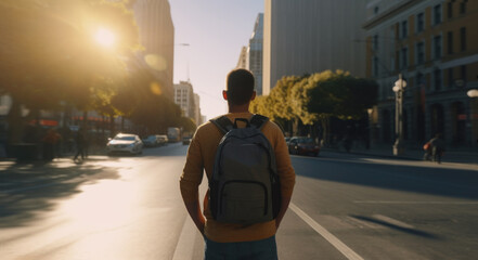 Young tourist man with backpack in a city. Back side of student men standing on city street at sunrise. Created using generative AI tools - obrazy, fototapety, plakaty