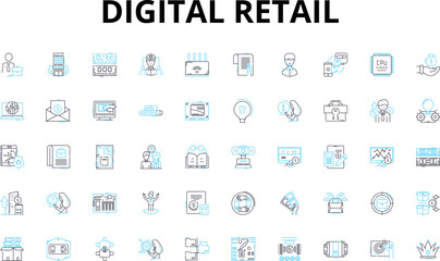 Digital retail linear icons set. E-commerce, Omnichannel, Personalization, Mobile, AI, Virtual, Augmented vector symbols and line concept signs. Social,Analytics,Cybersecurity illustration