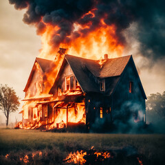 Big wooden house on fire. Generative AI