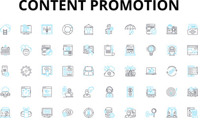 Content promotion linear icons set. Outreach, Visibility, Engagement, Promotion, Amplification, Distribution, Ads vector symbols and line concept signs. Social,Marketing,Influencers illustration