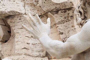 Fountain of the Four Rivers Sculpted Detail with Hand and Broken Finger in Rome, Italy