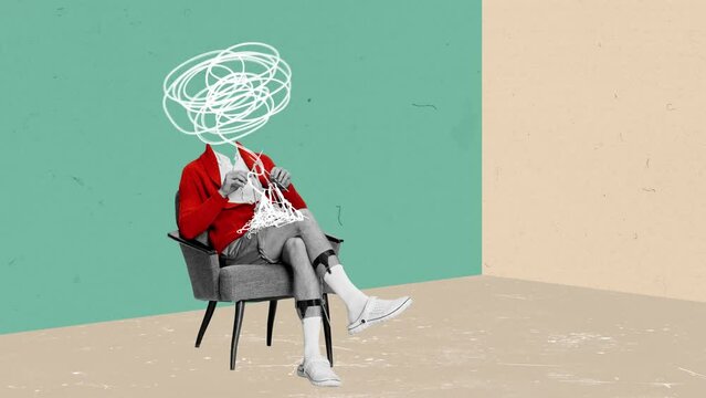 Stop motion, animation. Contemporary art. Man in homewear sitting on chair and knitting. Tangled thoughts, relaxation and hobby. Surrealism, creativity, inspiration, imagination, retro style