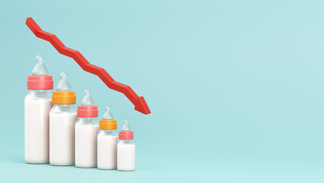 Fertility decline concept. Depopulation, demographic crisis. Baby bottles in the form of graph and down arrow. Empty space for text. 3d illustration.