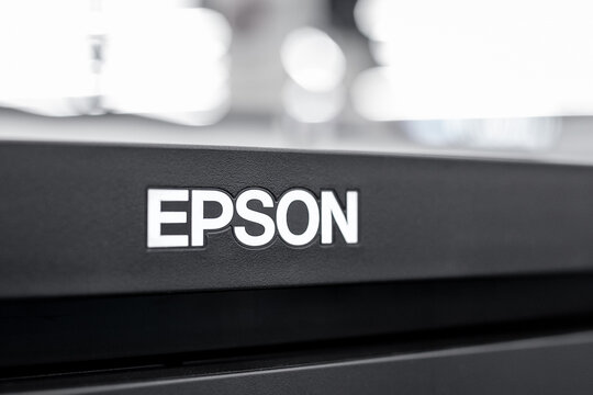 Close-up on the EPSON logo on branded products. Almaty, Kazakhstan - April 16, 2023