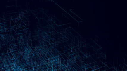 Abstract dark background. Glowing wire cubes, geometric pattern. 3d render.