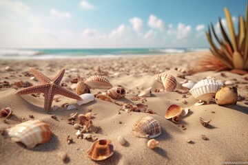Fototapeta na wymiar Beautifull shells on the sand beach. Generative AI