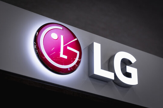 Close-up on the LG electronics logo on a decorative wall in store. Almaty, Kazakhstan - April 15, 2023