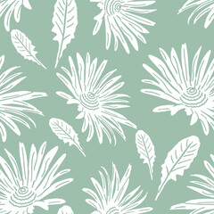 Seamless pattern Daisy with leaves. Vintage hand drawn vector illustration in sketch style.