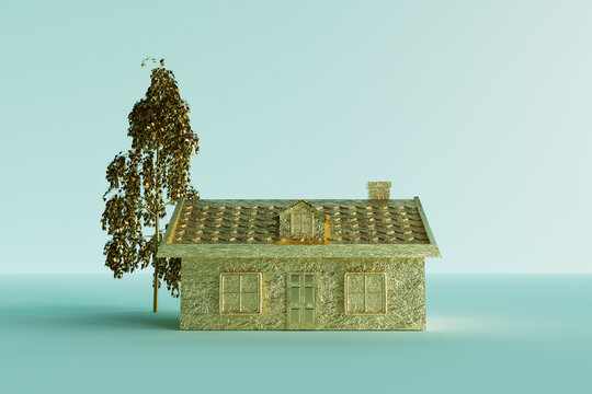 Three Dimensional Render Of Gold Colored House Standing Against Blue Background