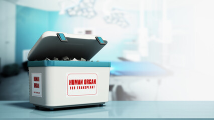 Human organ transport box in the operating room. With copy space. 3D illustration