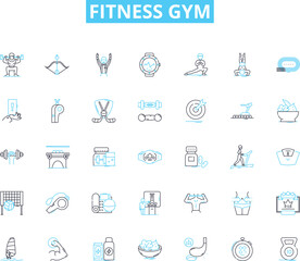 Fitness gym linear icons set. Workout, Health, Strength, Cardio, Endurance, Power, Fitness line vector and concept signs. Wellness,Gym,Training outline illustrations