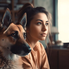 happy dog with its beautiful owner modeling real 8k best quality IA generativa