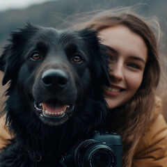 happy dog with its beautiful owner modeling real 8k best quality IA generativa