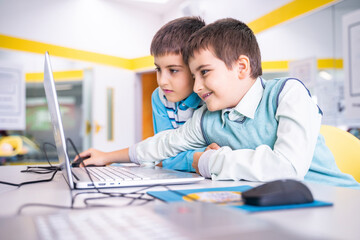 Smiling boy sharing laptop with friend at computer class in school