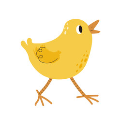 Cute yellow chick. Baby bird with feathers. Farming and agriculture, cattle. Sticker for social networks and instant messengers. Symbol of Easter. Cartoon flat vector illustration