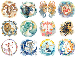 Set of zodiac signs icons. Aries, Leo, Gemini, Taurus, Scorpio, Aquarius, Pisces, Sagittarius, libra, Virgo, Capricorn, and cancer. Watercolour painti. Generative AI - obrazy, fototapety, plakaty