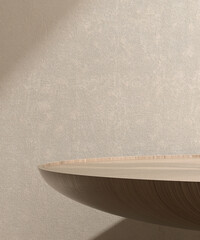 Clean smooth round teak wooden podium, beautiful wood grain in sunlight, shadow on beige brown...