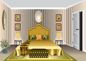 Elegant interior in yellow and green colors of a classic modern bedroom with pictures and mirrors on the walls.
