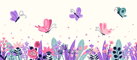 Colorful butterflies with flowers. Insects in spring or summer season. Flora and fauna, biology. Flowering colorful plants. Aesthetics and elegance. Cartoon flat vector illustration