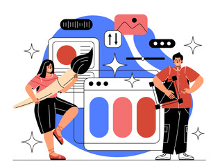 Creative teamwork concept. Man and woman with brush develop graphic elements for website, interface for mobile applications and programs, UI and UX. Cartoon flat vector illustration