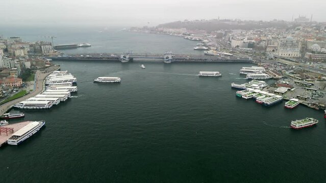 Karakoy ferry terminal, Galata Bridge and Eminonu ferry terminal in Istanbul