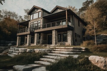 Fototapeta na wymiar Modern rustic 3-story home built with stone and wood. Generative AI