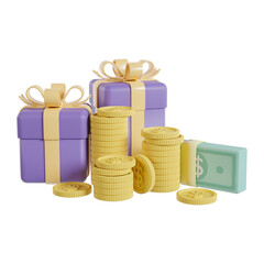 Money with gift box. 3d illustration.