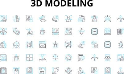 3d modeling linear icons set. Rendering, Animation, CAD, Sculpting, Texturing, Shading, Lighting vector symbols and line concept signs. Photorealistic,Architectural,Character illustration