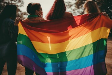 People holding a rainbow flag. LGBT Pride Month generative ai