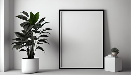 Office mockup with empty frame and plants