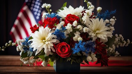 A red, white, and blue flower arrangement in front of an American flag, an independence day bouquet, generative ai