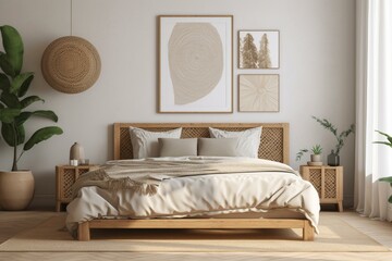Mockup poster with rattan wooden furniture in a bright bedroom. Generative AI