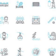 Summer camp linear icons set. Adventure, Nature, Friendship, Exploration, Campfire, Water sports, Wilderness line vector and concept signs. Archery,Teamwork,Horseback riding outline illustrations