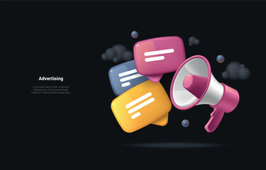 Dark Marketing or advertising concept, 3d megaphone loudspeaker in realistic cute cartoon style. Realistic Loudspeaker Vector illustration. landing page.