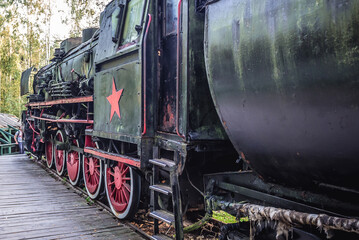 Obraz premium Ty2-921 locomotive with Soviet star in amusement park in Szymbark village, Poland