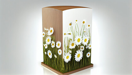 Wood Podium Display with daisies
