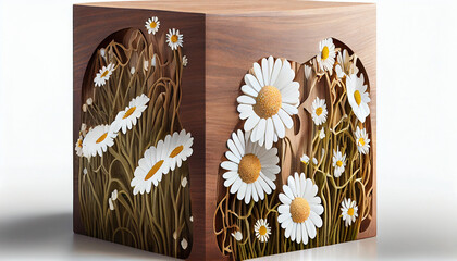 Wood Podium Display with daisies
