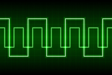Abstract neon green broken line pattern on dark oscilloscope digital screen. Electric ac waves oscillating. Digital equalizer. Scientific experiment. Seamless vector graphic