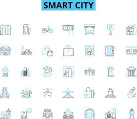 Smart city linear icons set. Innovations, Sustainability, Connectedness, Efficiency, Technology, Mobility, Accessibility line vector and concept signs. Livability,Safety,Interoperability outline