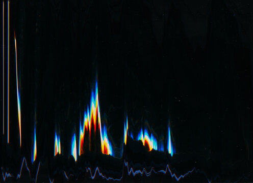 Distressed screen. Old film. Glitch texture. Blue orange white color noise dust scratches stains on dark black grunge abstract illustration background.