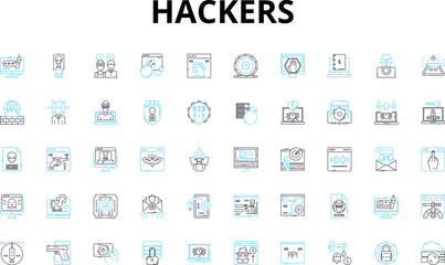 Hackers linear icons set. Cybercriminals, Intruders, Crackers, Hacktivists, Black hats, White hats, Rogue vector symbols and line concept signs. Spies,Cyberpunks,Phreakers illustration