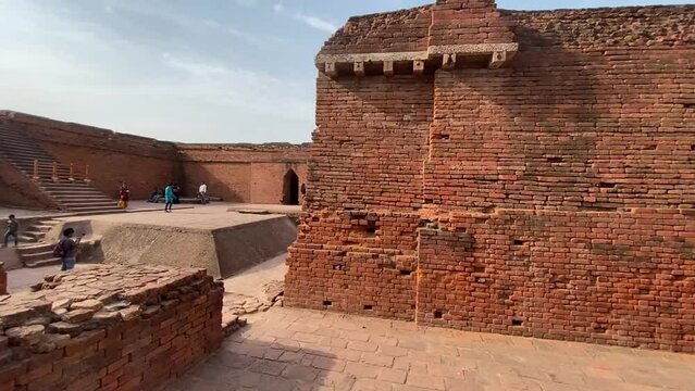 Wide shot of the ruins of Old Nalanda University historic Indian architecture