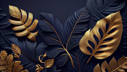 Golden tropical leaves on a dark blue background, abstract luxury modern tropical background, blue background, blue neon