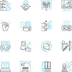 Corporation linear icons set. Incorporation, Organization, Enterprise, Company, Business, Corp, Firm line vector and concept signs. Entity,Industry,Stock outline illustrations