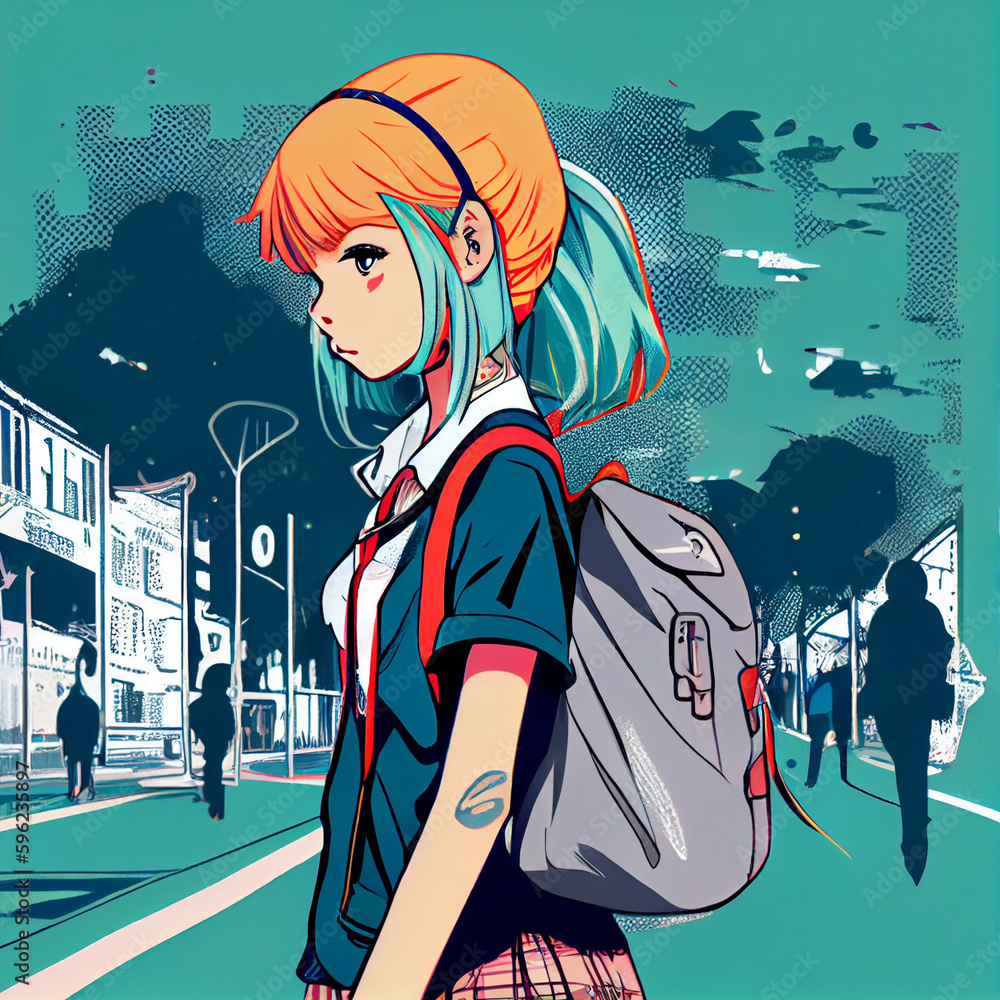 Wall mural pop art manga girl going to school Generative AI