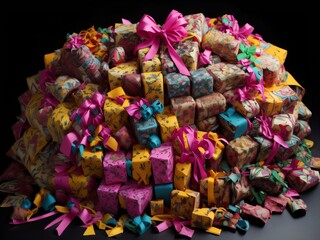 Obraz na płótnie Canvas A pile of wrapped presents, with colorful birthday